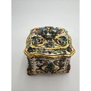 Vintage Italian Ceramic Box With Lid. Footed. Boho Style Painting. Square....